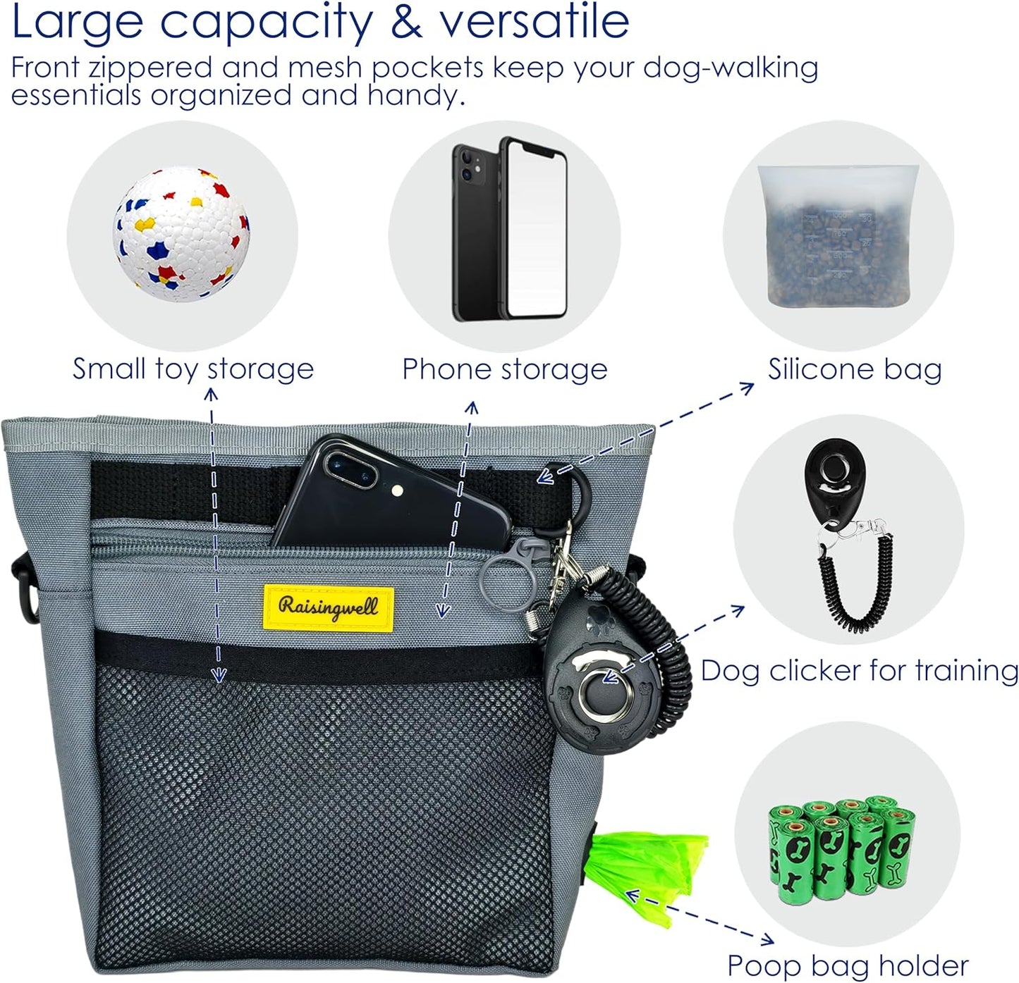 Dog Treat Pouch with Magnetic Closure 4-Cup Silicone Bag Fanny Pack Holder with Clicker 4 Ways to Wear Front Pocket Fits All Phones Ideal for Leash, Pet Walking and Training（Gray）