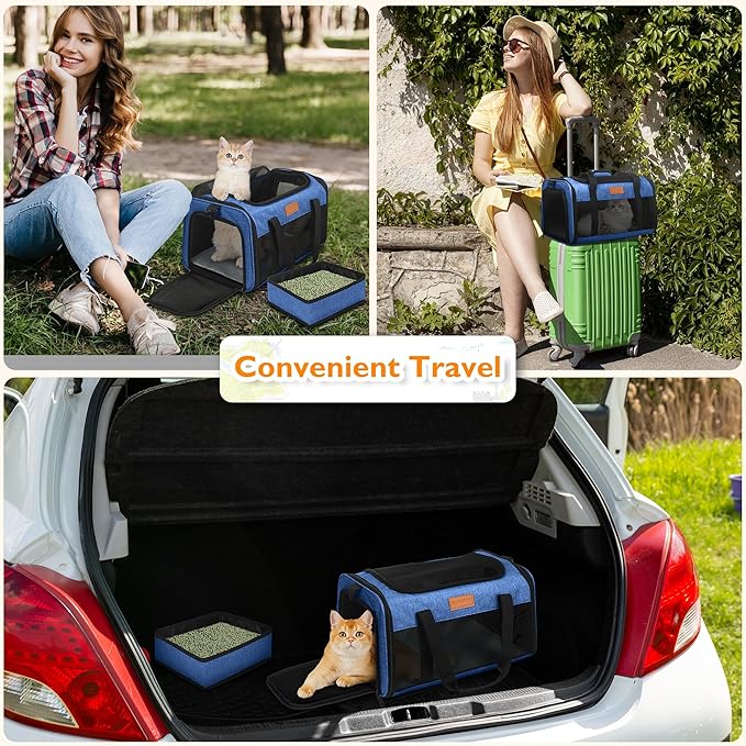 PETUX TSA Approved Pet Carrier in Cabin, 17"x11"x9.5" Soft Cat Carriers for Small Cats up to 12 lb, Top-Open Portable Dog Carrier with Litter Box and Anti-Scratch Mesh for Puppy up to 10 lb (Blue)