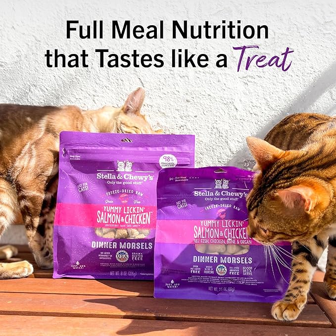 Stella & Chewy's Freeze-Dried Raw Cat Dinner Morsels - Premium Salmon & Chicken Recipe with 98% Wild-Caught & Cage-Free Protein - Natural Grain-Free Cat & Kitten Food - Made in USA - 8 oz