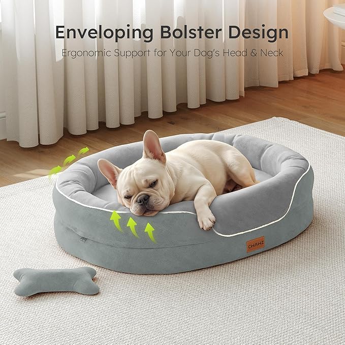 Large Orthopedic Dog Bed, 36 in. Dog Bed for Large Sized Dogs with Full-Surround Bolsters, Dual-Sided Dog Cooling Beds with Memory Foam, Washable Pet Sofa Couch with Nonslip Bottom, Light Grey