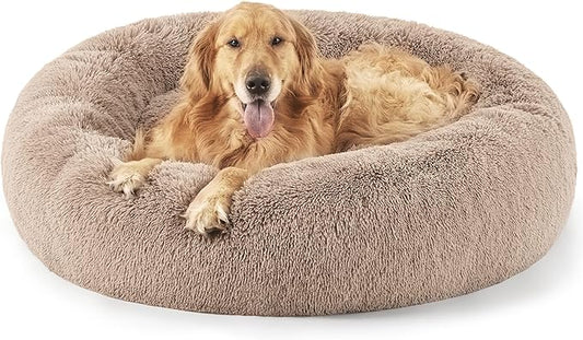 Bedsure Calming Dog Bed for Extra Large Dogs - Donut Washable Large Pet Bed, 45 inches Anti-Slip Round Fluffy Plush Faux Fur Dog Bed, Fits up to 120 lbs Pets, Camel