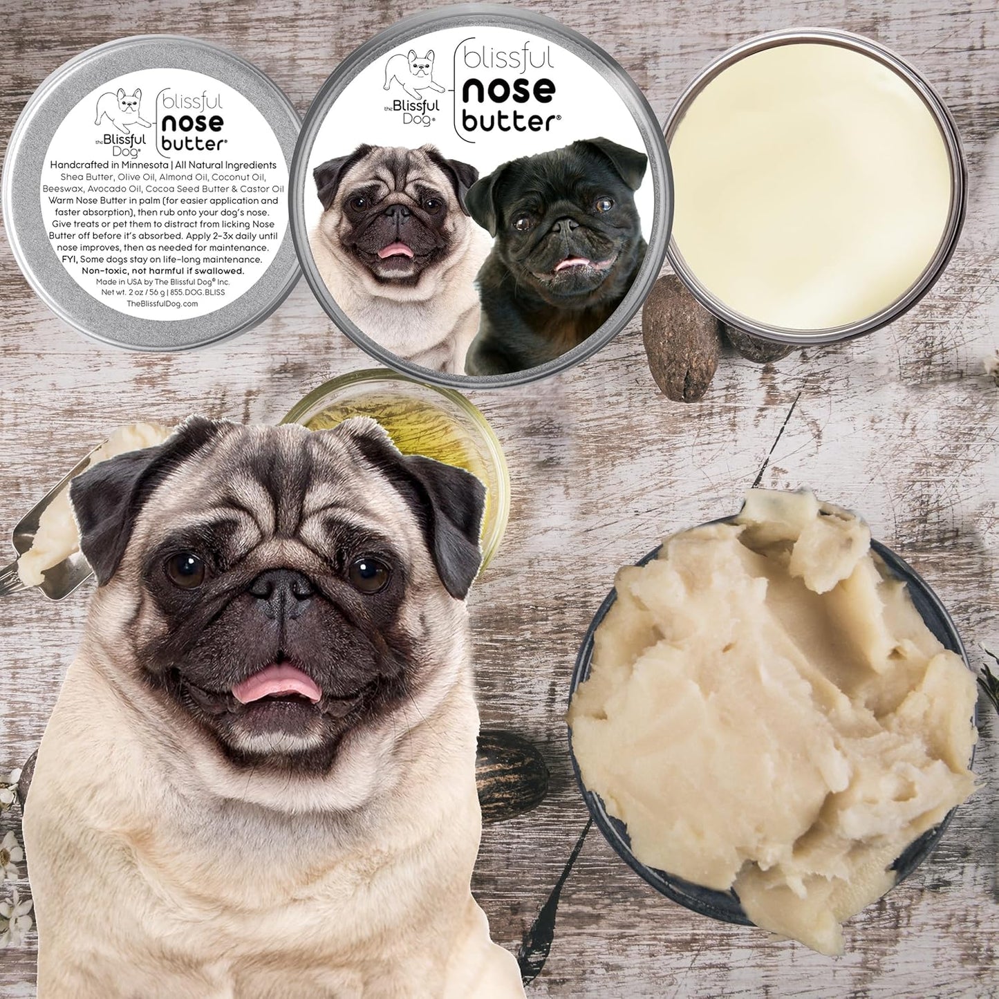 The Blissful Dog Pug Duo Unscented Nose Butter - Dog Nose Butter, 2 Ounce
