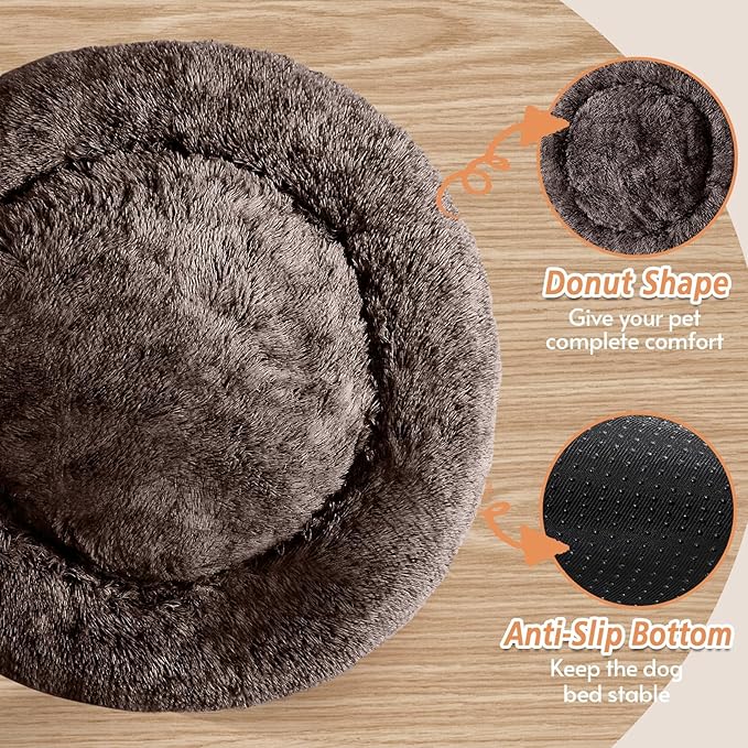 JOLLYVOGUE Small Dog & Cat Beds for Indoor Cats, Donut Cuddler Warming Soft Dog Beds with Anti-Slip Bottom, Round Calming Fluffy Plush Faux Fur Cushion Bed for Medium Dogs (31")