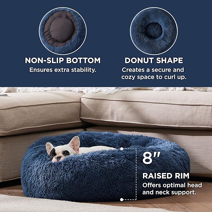 Bedsure Calming Dog Bed for Small Dogs - Donut Washable Small Pet Bed, 23 inches Anti-Slip Round Fluffy Plush Faux Fur Large Cat Bed, Fits up to 25 lbs Pets, Navy