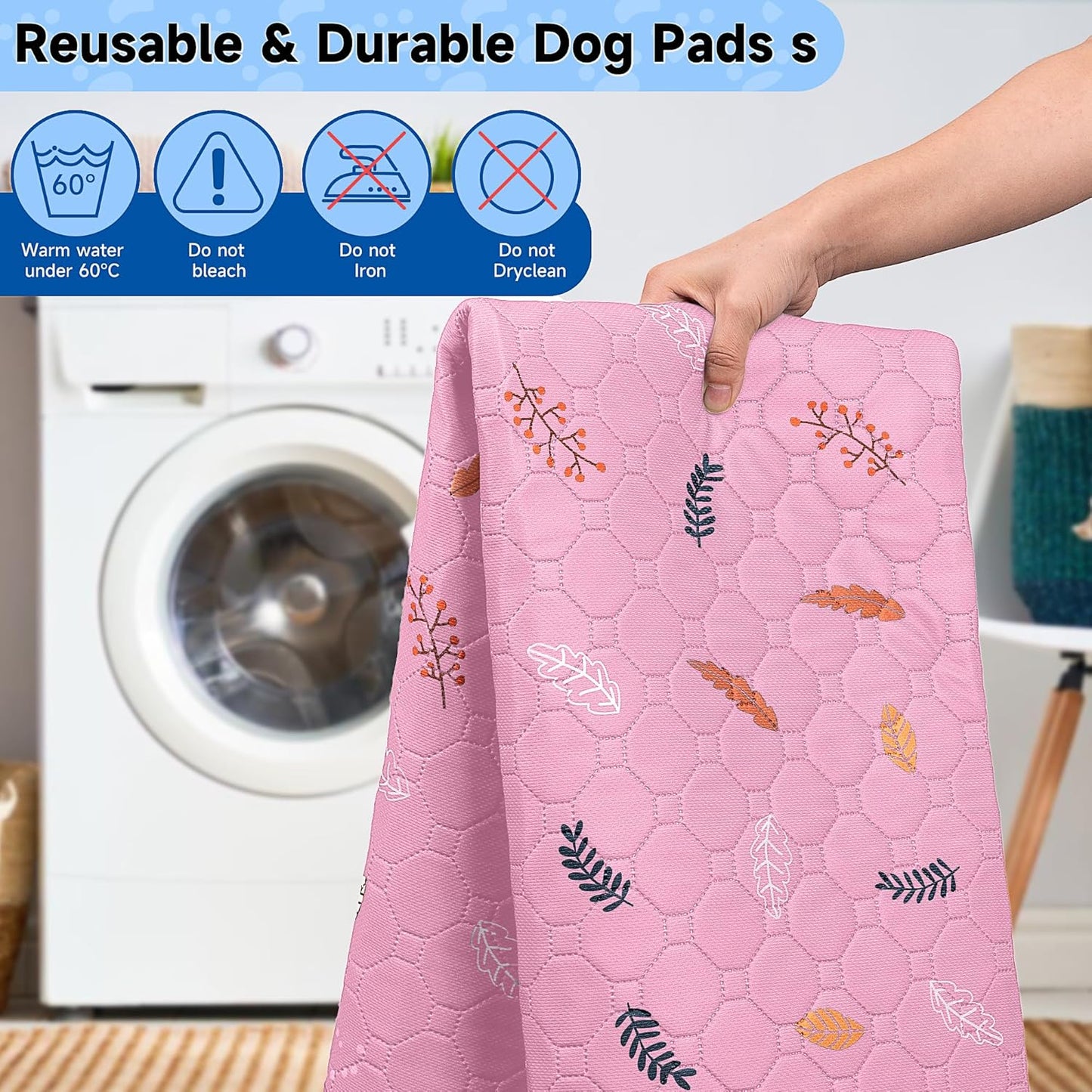 Sunheir Washable Pee Pads for Dogs Large 48" x 48" 2-Pack Reusable Puppy Pads Pet Training Pads, Absorb Dog Mats, Whelping Pad, Non-Slip Protects Against Urine Leakage (Leaves - Pink, 48x48)
