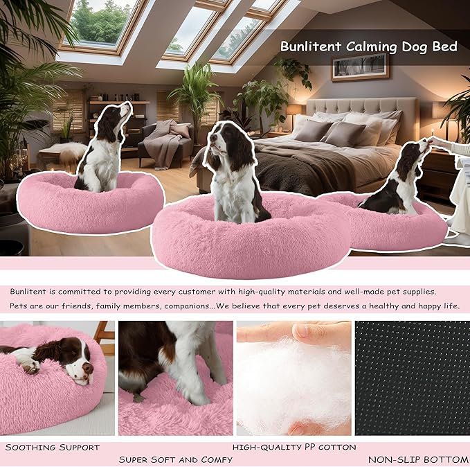 23'' inch Calming Dog Bed, Anti-Anxiety Donut Small Dog Bed, Warming Cozy Soft Cute Round Washable, Marshmallow Cuddler Nest Puppy Dogs and Cats Bed, Pink