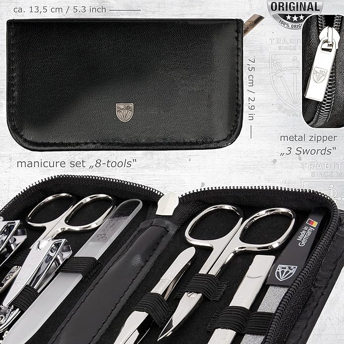 3 Swords Germany - brand quality 8 piece manicure pedicure grooming kit set synthetic leather case black - Made in Germany