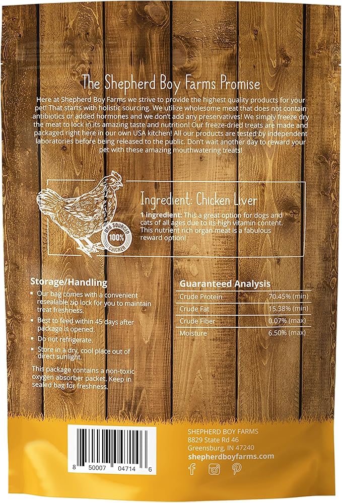 Shepherd Boy Farms Freeze Dried Dog and Cat Treats, Chicken Liver, All Natural Single Ingredient Freeze-Dried Dog Treat & Snacks, Made in USA, High Protein, Essential Nutrition Raw Food, 8oz