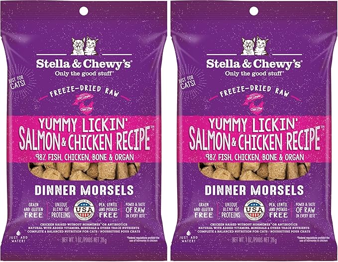 Stella & Chewy's Freeze-Dried Raw Cat Dinner Morsels - Premium Salmon & Chicken Recipe with 98% Wild-Caught & Cage-Free Protein - Natural Grain-Free Cat & Kitten Food - Made in USA - 1 oz (Pack of 2)