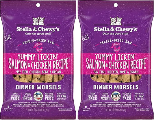 Stella & Chewy's Freeze-Dried Raw Cat Dinner Morsels - Premium Salmon & Chicken Recipe with 98% Wild-Caught & Cage-Free Protein - Natural Grain-Free Cat & Kitten Food - Made in USA - 1 oz (Pack of 2)