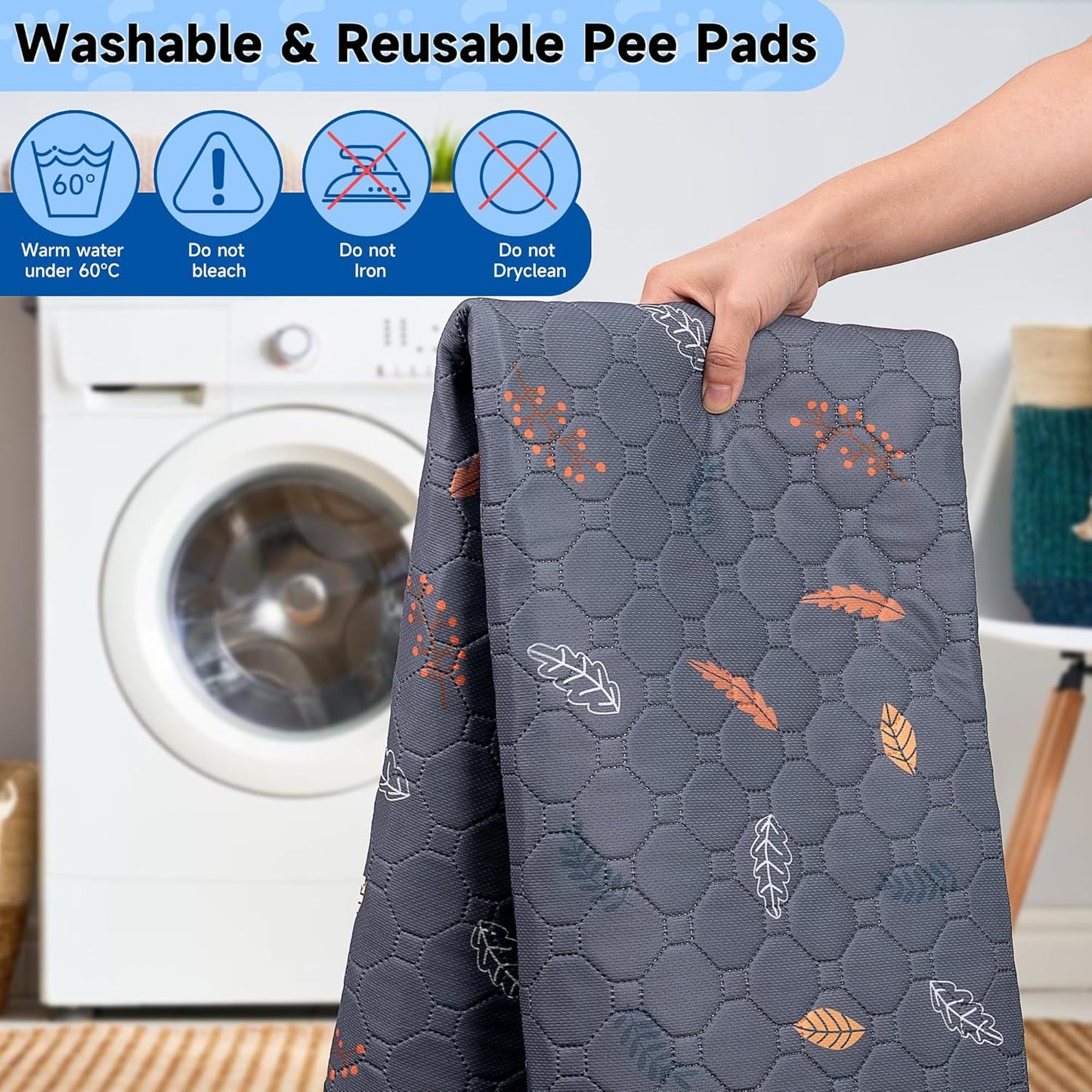 Sunheir Washable Pee Pads for Dogs Large 48" x 48" 2-Pack Reusable Puppy Pads Pet Training Pads, Absorb Dog Mats, Whelping Pad, Non-Slip Protects Against Urine Leakage (Leaves - Deep Grey, 48x48)