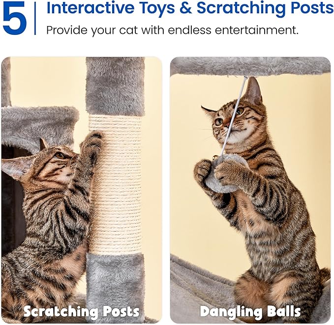 MWPO Extra Large Cat Tree, 77.6-Inch Tall Cat Tower for Indoor Cats with 2 Condos, Multi-Level Cat Stand for Large Cats, 3 Hammocks, Wide Perch, Scratching Posts, Dangling Toys, Light Grey
