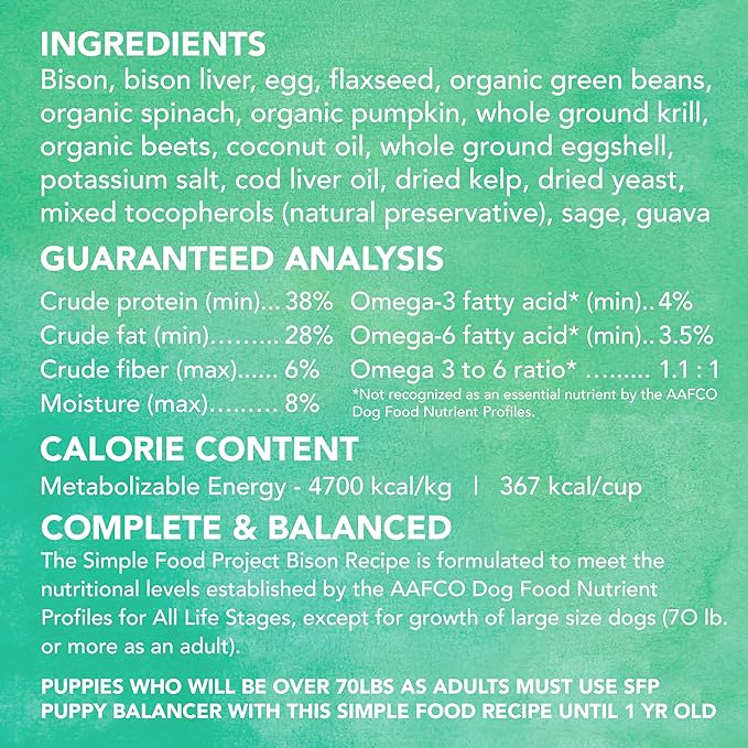 Simple Food Project - Bison Recipe - Freeze Dried Raw Food for Dogs - 24oz