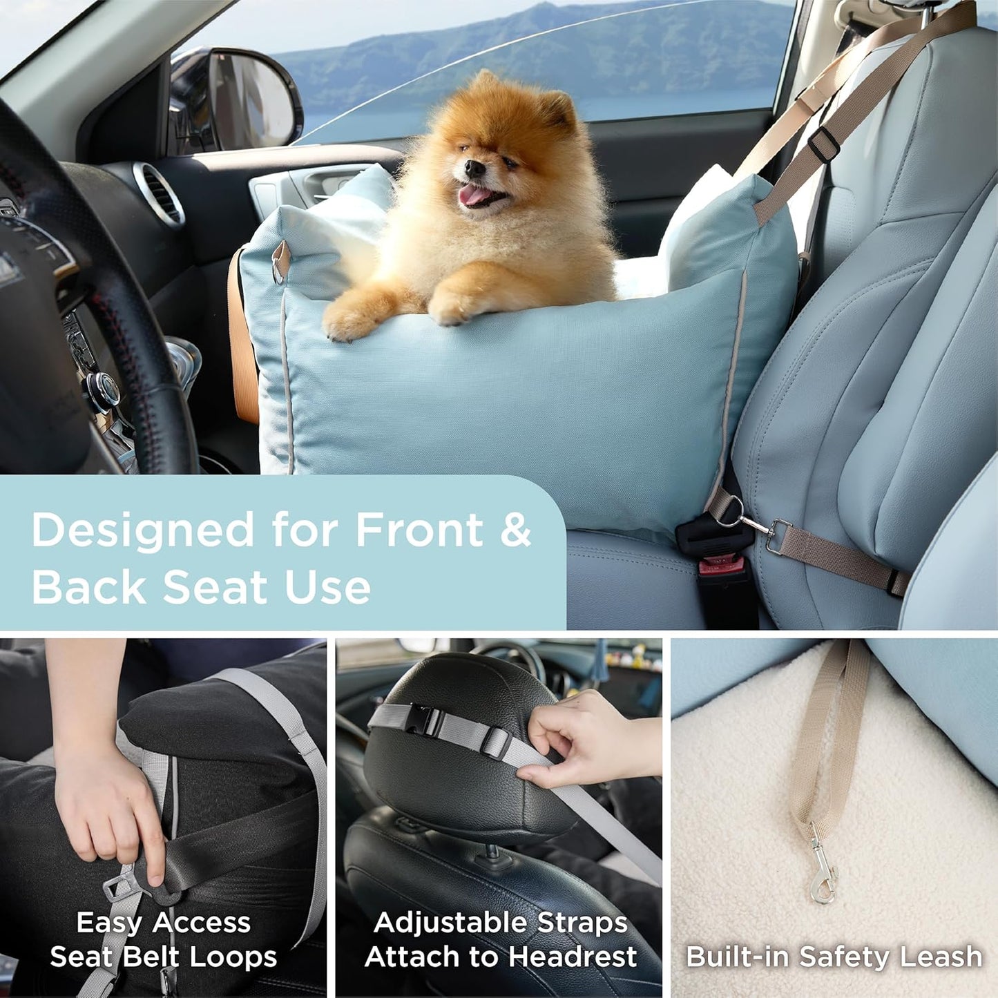 Lesure Small Dog Car Seat for Small Dogs - Soft Dog Booster Seat for Car with Storage Pocket and Clip-On Safety Leash and Thickened Memory Foam Filling, Pet Travel Carrier Bed, Light Blue