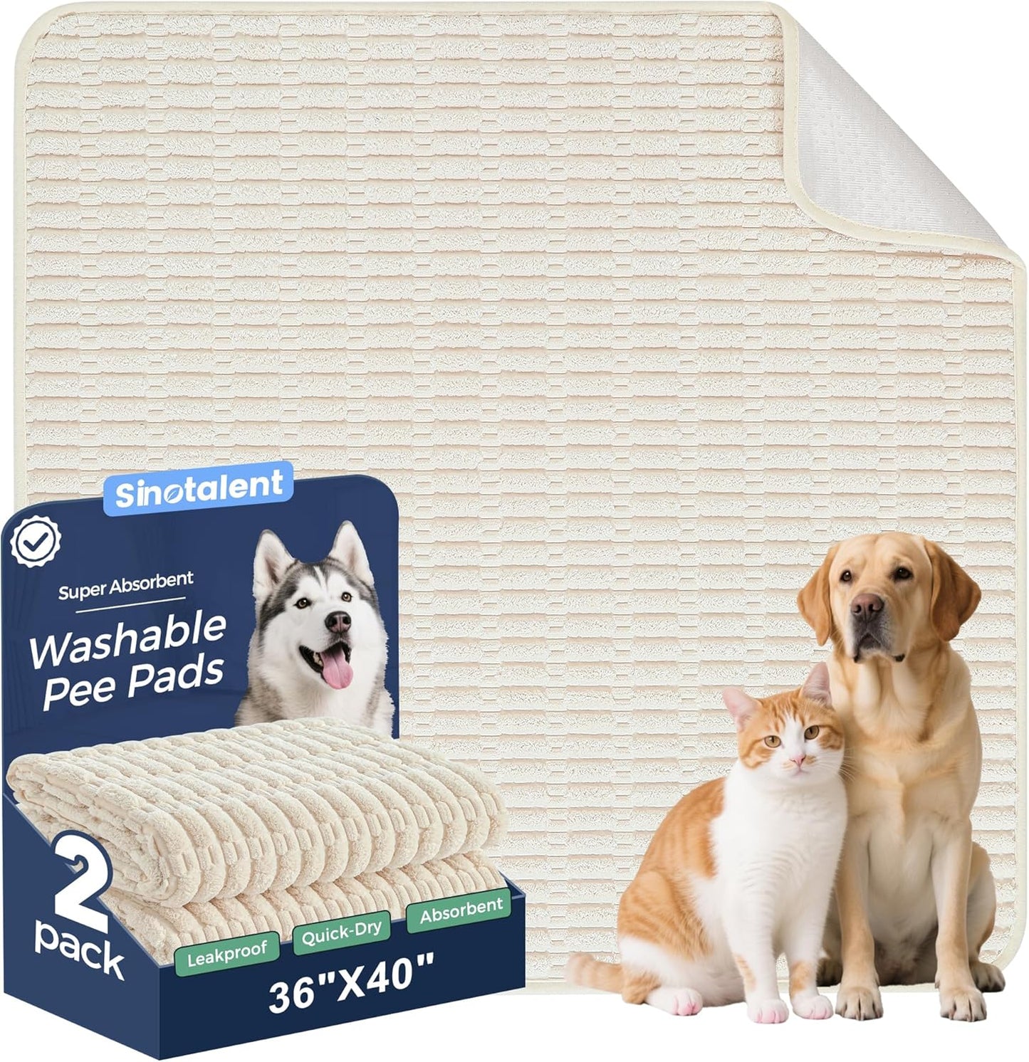 Washable Pee Pads for Dogs, 2 Pack Reusable Puppy Pads Dog Pads, Non-Slip Dog Pee Pads, Leakproof Pet Pee Pads Wee Wee Pads for Dogs. (Cream White, 36"x40"(Pack of 2))