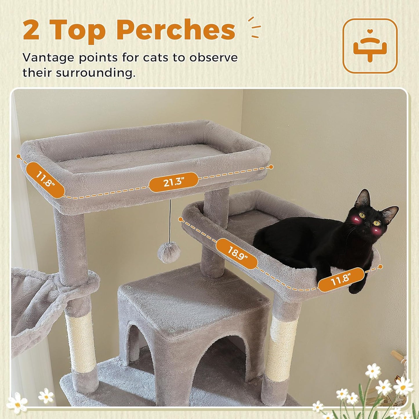 81 Inches Tall Cat Tree for Indoor Cats Large Adult - Heavy Duty Multi-Level Cat Tower with Large Metal Frame Hammock, Scratching Pad, 2 Top Perches, 2 Cozy Condos & 6 Scratching Posts - Gray