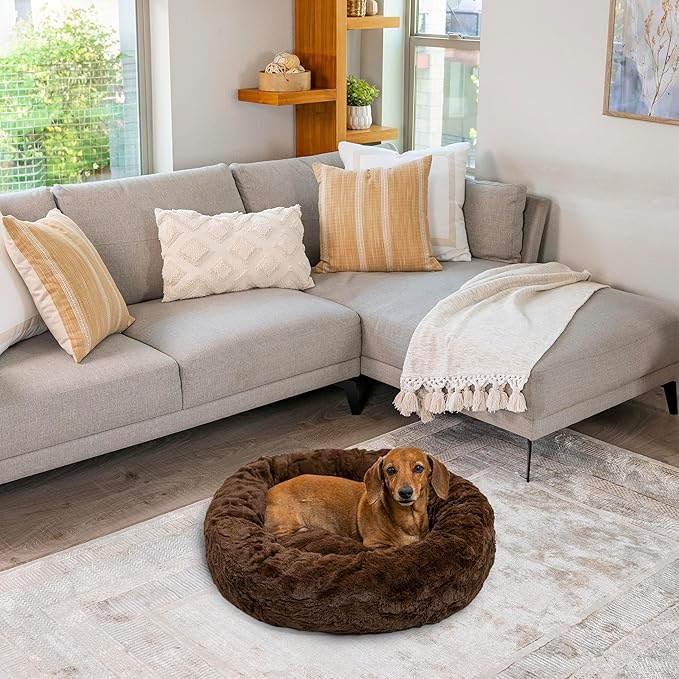 Best Friends by Sheri Original Calming Donut Dog and Cat Bed, Lux Faux Fur, Dark Brown, (23in x 23in) - Anxiety Relief for Pets Up to 25 lbs