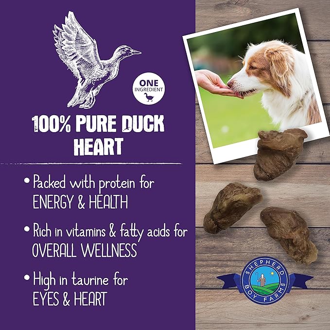 Shepherd Boy Farms Freeze Dried Dog and Cat Treats, Duck Heart, All Natural Single Ingredient Freeze-Dried Dog Treat & Snacks, Made in USA, High Protein, Essential Nutrition of Raw Food, 8oz