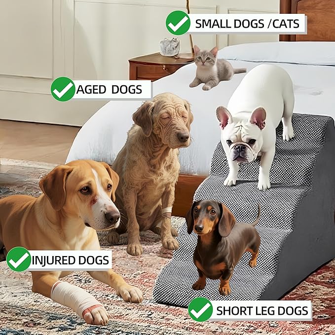 5 Step Pet Stairs Ramp for High Beds Sofas 5-30 Inch with Sturdy Non Slip Waterproof Pads, Machine Washable Cover Indoor Balanced Design for Cats Dogs Small Medium Large XL Pets Grey (Brown, Large, 1)