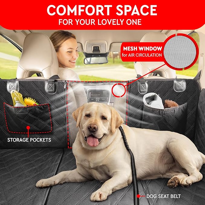Helteko Back Seat Extender for Dogs, Premium Car Seat Cover with Hard Bottom Plates, Waterproof Backseat Protector, Mesh Window and 2 Storage Pockets, Hammock Travel Bed for Crew Cab and Full Trucks