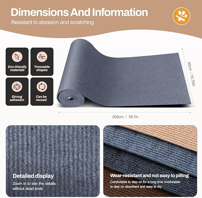 78.7"x15.8" Cat Scratch Mat Couch Furniture Protector,DIY Climb Cat Scratcher for Cat Couch Furniture or Wall Protector,Covering Cat Tower for Claws Scratching for Indoor (Light Gray)