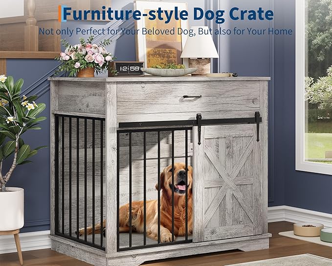 37.8" Dog Crate Furniture, Farmhouse Style 2-in-1 Dog Crate with Sliding Barn Door for Small/Medium Dogs, Dual Function as Side Table with Storage Drawer, 2-in-1 Iron-Wood Fusion Design, Grey