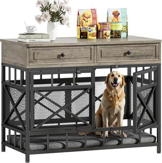 IRONCK 44 inch Large Dog Crate Furniture, Wooden Dog Kennel with Storage Drawers for Medium/Large Dogs, Decorative Dogs Kennel Indoor, Light Ivory