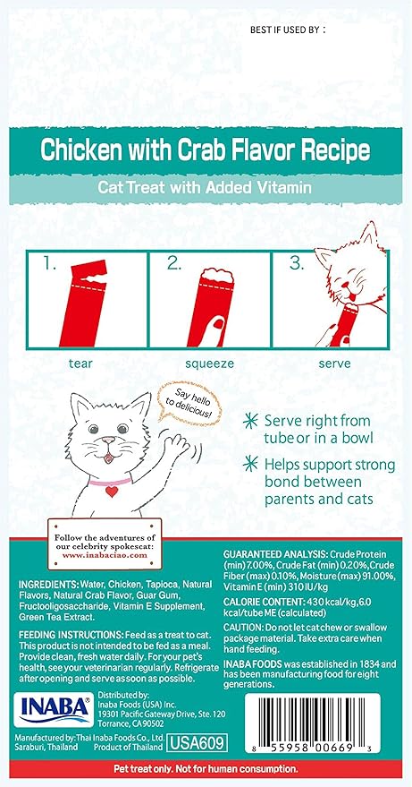 INABA Churu Cat Treats, Grain-Free, Lickable, Squeezable Creamy Purée Cat Treat/Topper with Vitamin E & Taurine, 0.5 Ounces Each Tube, 4 Tubes, Chicken with Crab Recipe (Pack of 2)