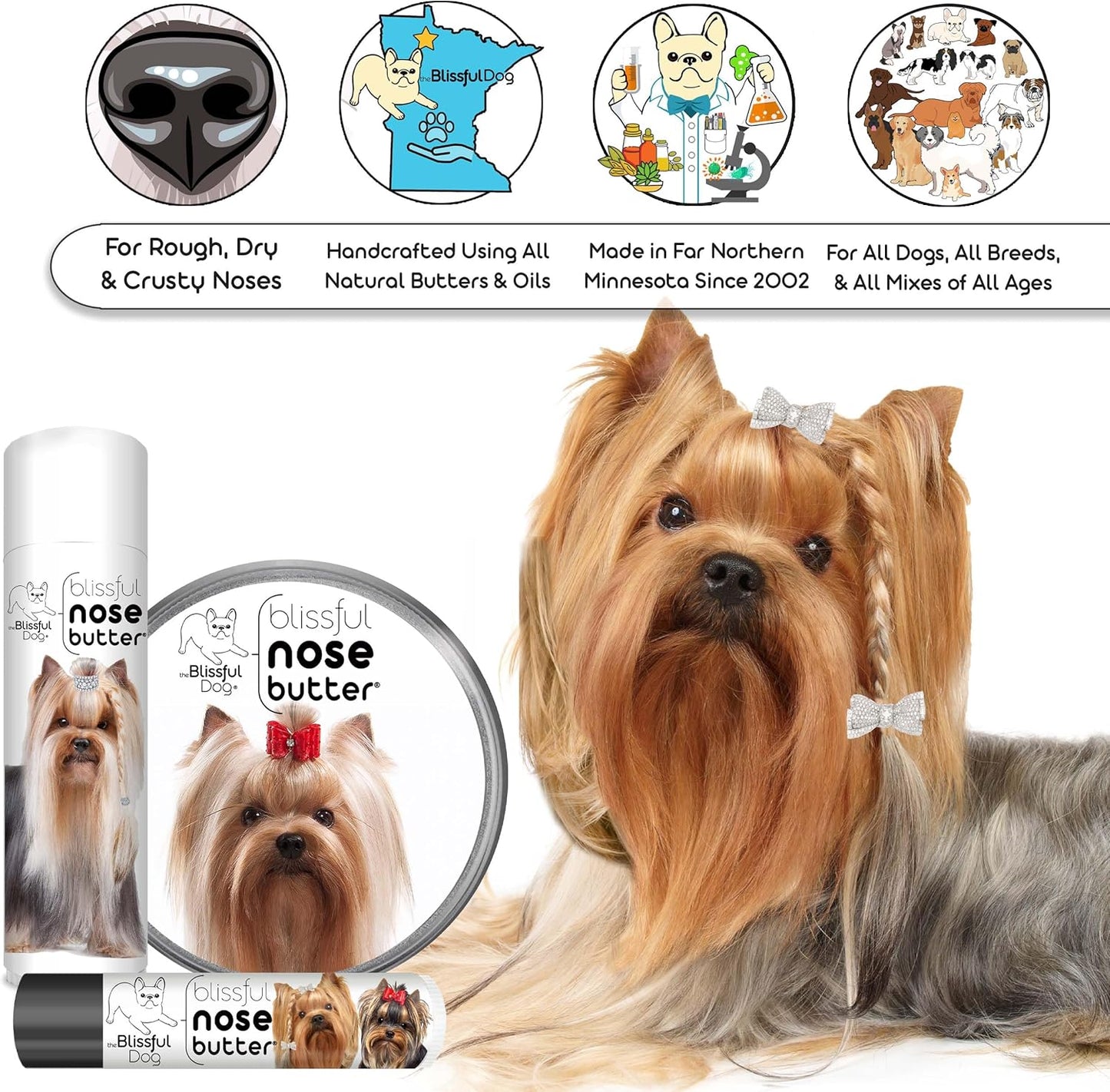 The Blissful Dog Yorkshire Terrier Nose Butter for Dry, Cracked Skin, Lick-Safe Dog Nose Balm with Moisturizing Shea Butter, Almond, Olive, and Essential Oils, Pet Supplies, Uncented, 2 oz.