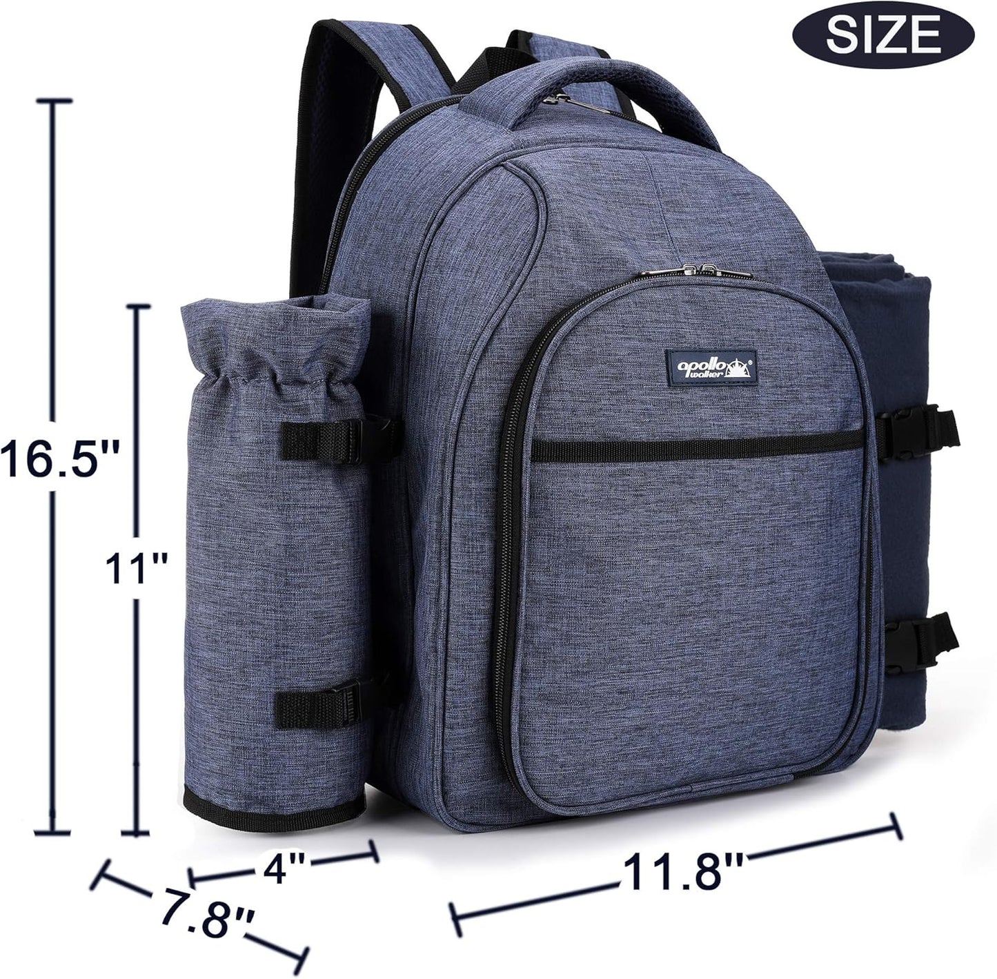 Apollo Walker Picnic Backpack Bag for 2 Person with Cooler Compartment, Detachable Bottle/Wine Holder, Fleece Blanket, Plates and Cutlery Set (2 Person, Navy)