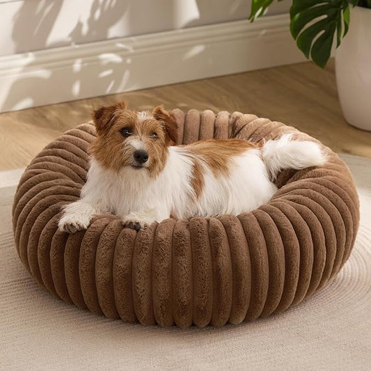 Bedsure Donut Small Dog Bed - Dog Beds for Small Dogs with Corduroy Fleece & Anti Slip Bottom, Round Faux Fur Pet Beds with Washable Removable Cover, Camel Brown, 27x27x8 inches