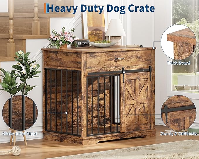 37.8" Dog Crate Furniture, Farmhouse Style 2-in-1 Dog Crate with Sliding Barn Door for Small/Medium Dogs, Dual Function as Side Table with Storage Drawer, 2-in-1 Iron-Wood Fusion Design, Brown