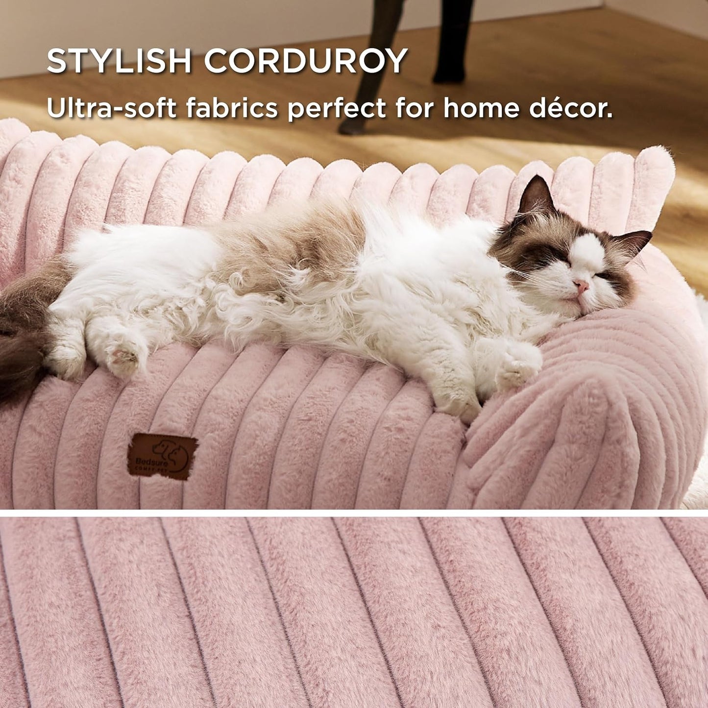 Bedsure Cute Cat Couch for Pets - Fluffy Cat Sofa with Premium Soft Corduroy Fleece, Fuzzy Pet Couch Bed with Removable Washable Cover, Supportive Chair for Indoor Cats, 24inch, Blush Pink