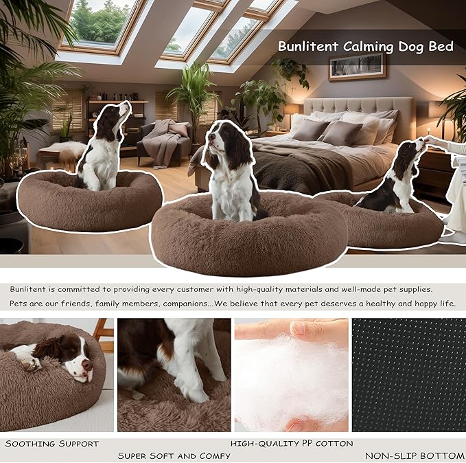 46'' inch Calming Dog Bed, Plush Anti-Anxiety Donut Dog Bed for Large Dogs, Warming Cozy Soft Cute Round Washable, Marshmallow Cuddler Nest Pet Bed, Brown