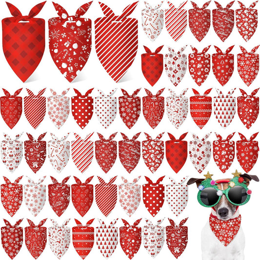 Abbylike 50 Pcs Christmas Dog Bandanas Bulk Xmas Red and White Bandanas for Dogs Triangle Kerchief Bibs Scarf Set for Pet Christmas Costume Photo Props Accessories Pet Shops (25.6 x 17.7 x 17.7)
