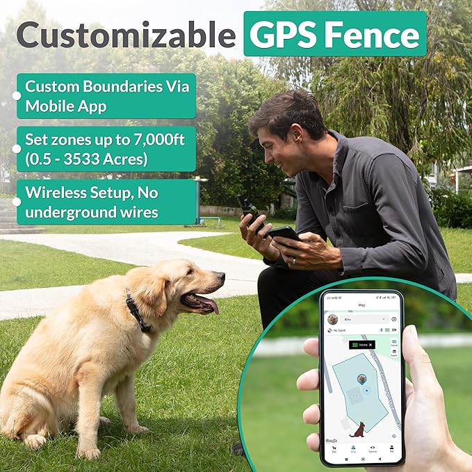 GPS Wireless Dog Fence System Collar – 2-in-1 Remote or App Controlled Boundary and Training GPS Dog Collar with 4 Training Modes - Covers up to 7000 Ft (3533 Acres)