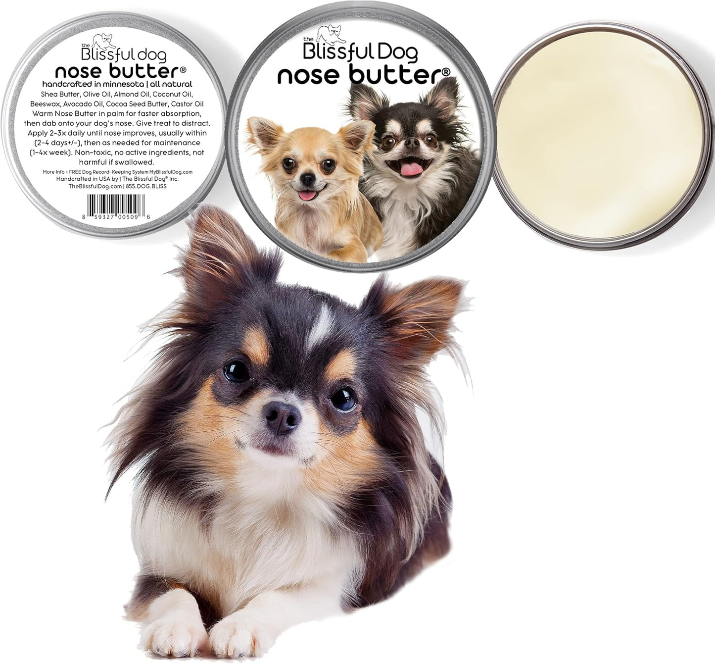 The Blissful Dog Long Coat Chihuahua Nose Butter for Dry, Cracked Skin, Lick-Safe Dog Nose Balm with Moisturizing Shea Butter, Almond, Olive, and Essential Oils, Pet Supplies, Uncented, 4 oz.