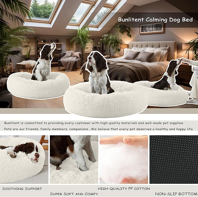 30'' inch Calming Dog Bed, Anti-Anxiety Donut Small Medium Dog Bed, Warming Cozy Soft Cute Round Washable, Marshmallow Cuddler Nest Puppy Dogs and Cats Bed, White