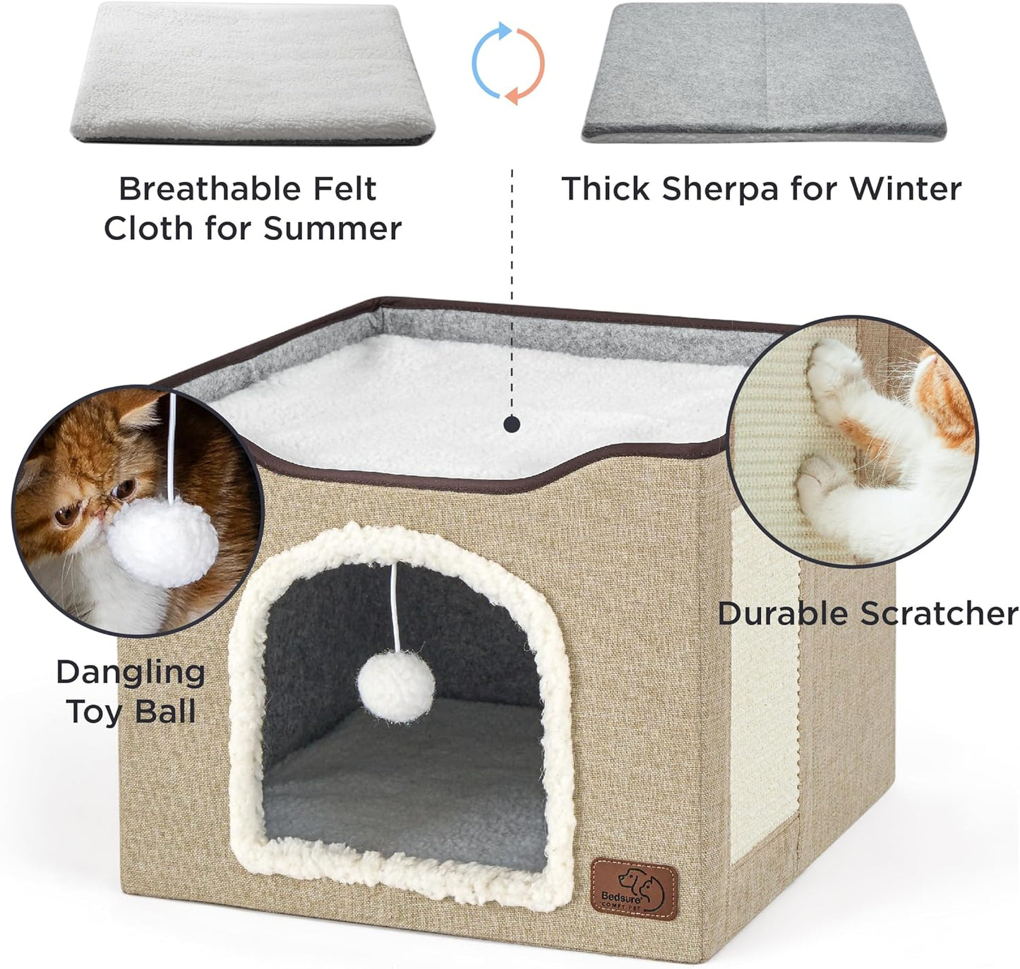 Bedsure Cat Beds for Indoor Cats - Large Cat Cave for Pet Cat House with Fluffy Ball Hanging and Scratch Pad, Foldable Cat Hideaway, 16.5x16.5x13 inches, Brown