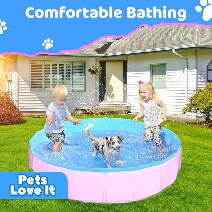 2025 Updated Foldable Dog Pool, 63" x 12" Kiddie Pool with Hard Plastic, Non-Slip Dog Bath Tub for Outdoor Backyard, Collapsible Dog Swimming Pool for Kids Dogs Pets (Pink)