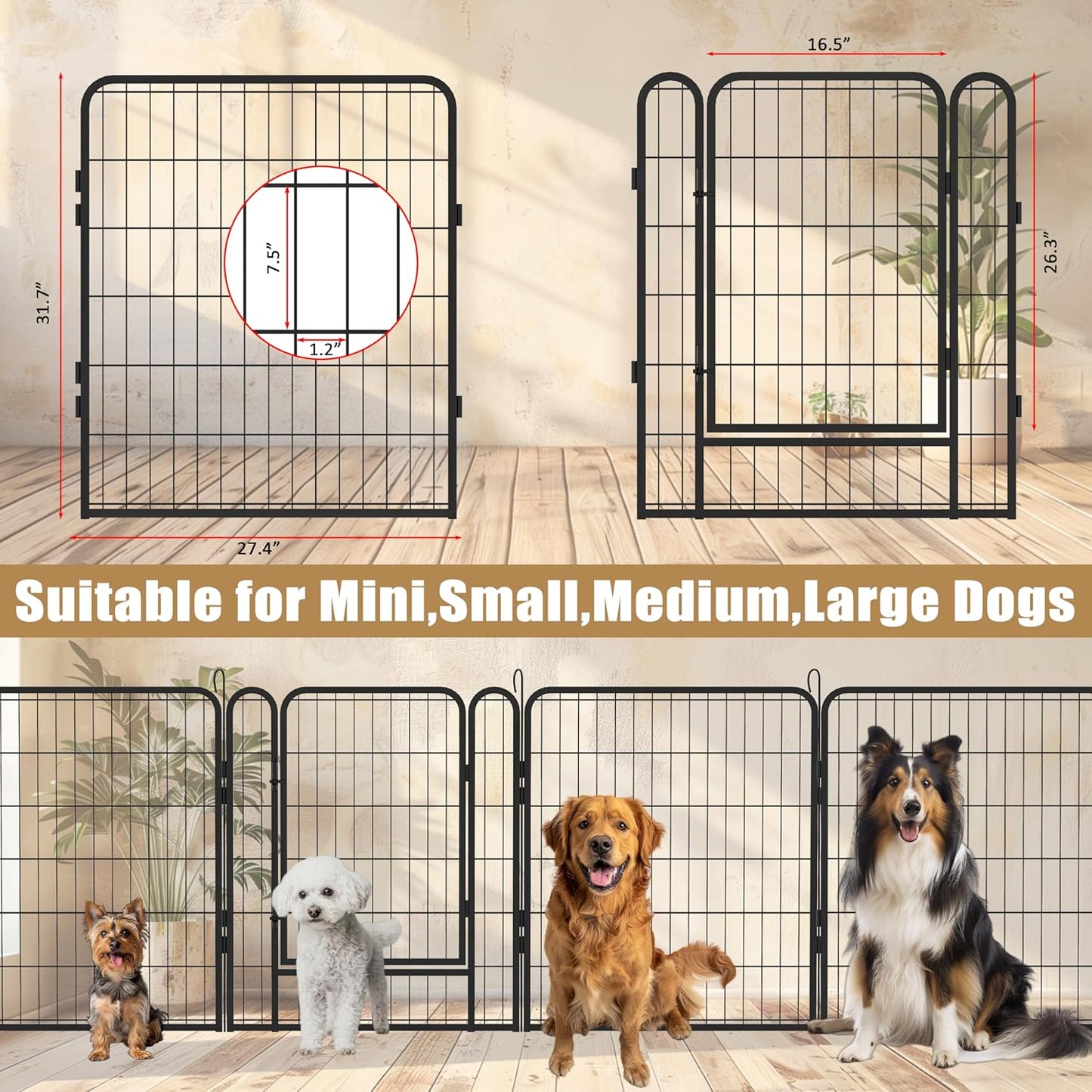 Dog Playpen, Outdoor Dog Fence, 8 Panels, 32" H Dog Pen for Medium/Small Dogs, Heavy Duty Metal Pet Fence with Gate, Portable Dog Fence for RV Camping and Yard (Black)