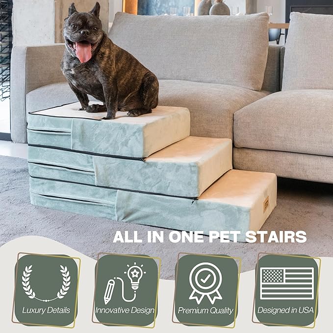 All-in-One Adjustable Dog Stairs – 5-Step Premium Pet Ramp for Small to Large Dogs – Sturdy, Non-Slip & Versatile for Beds, Sofas & More - Soft Cover, Modern Design (Green)