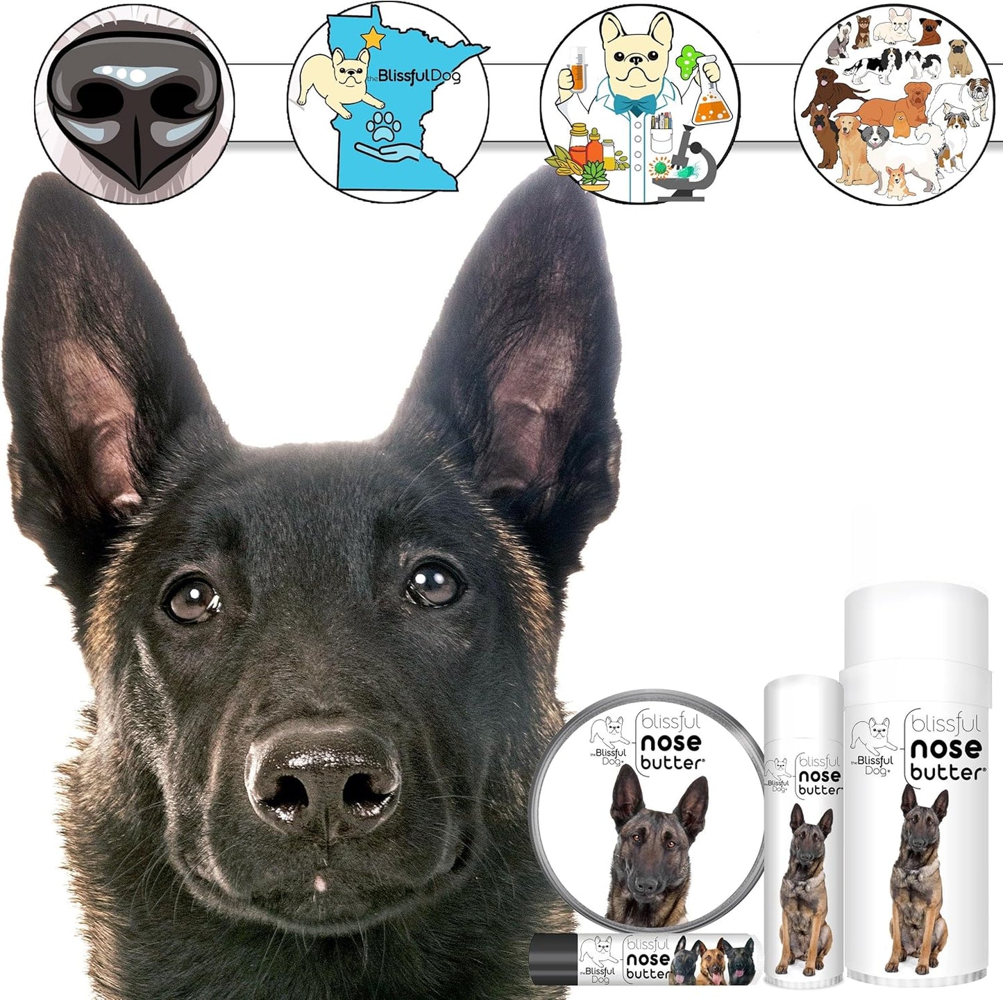 The Blissful Dog Belgian Malinois Nose Butter for Dry, Cracked Skin, Lick-Safe Dog Nose Balm with Moisturizing Shea Butter, Almond, Olive, and Essential Oils, Pet Supplies, Uncented, 4 oz.