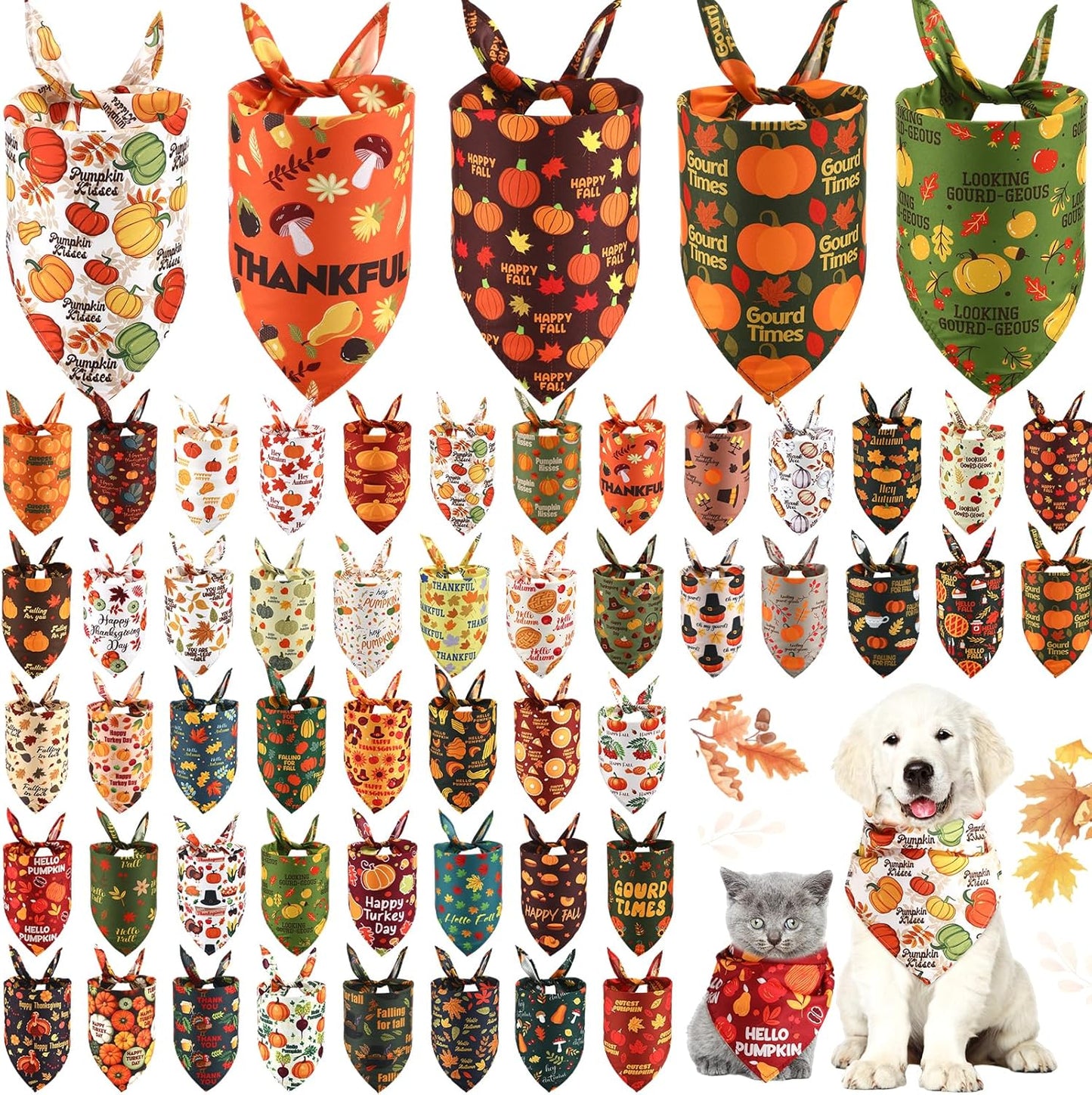 Abbylike 50 Pcs Fall Dog Bandanas Bulk Pet Scarfs Triangle Bibs Adjustable Washable Puppy Kerchief Seasonal Pet Costume Accessories Grooming Supplies for Small Medium Large Dogs Cats
