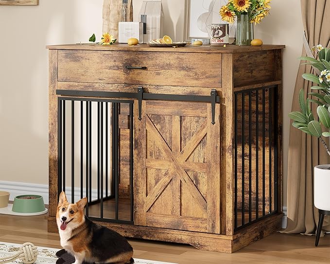 37.8" Dog Crate Furniture, Farmhouse Style 2-in-1 Dog Crate with Sliding Barn Door for Small/Medium Dogs, Dual Function as Side Table with Storage Drawer, 2-in-1 Iron-Wood Fusion Design, Brown