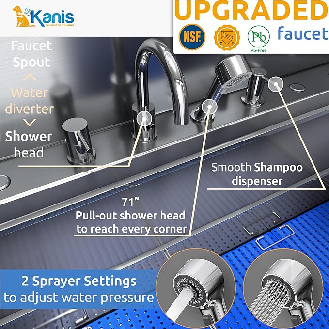 KANIS Professional Dog Washing Station - 304 Stainless Steel Pet Wash Sink & Grooming Bath Tub for Home with Ramp, Shower, Floor Grate, Storage Shelf, Faucet, Drain Kit for Large, Medium & Small Pets