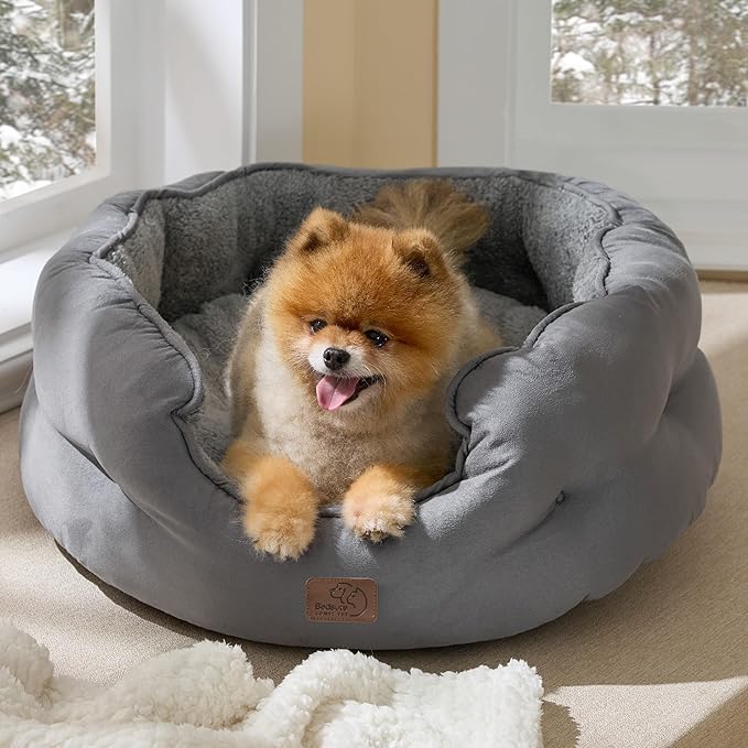 Bedsure Self Warming Dog Beds for Small Dogs - Round Medium Cat Beds for Indoor Cats, Washable Pet Bed for Puppy and Kitten with Slip-Resistant Bottom, 25 Inches, Self Warming Grey, Non-Electric