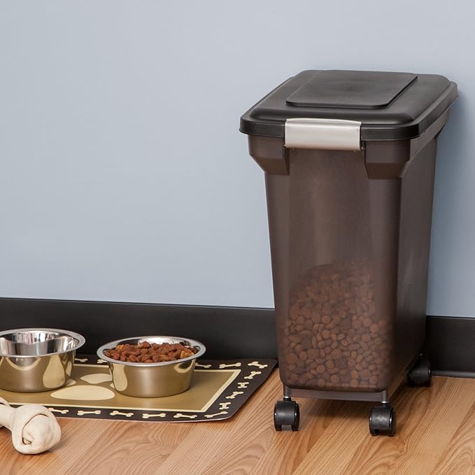 IRIS USA 22 Lbs / 28 Qt WeatherPro Airtight Pet Food Storage Container with Attachable Casters, For Dog Cat Bird and Other Pet Food Storage Bin, Keep Fresh, Easy Mobility, BPA Free, Smoke