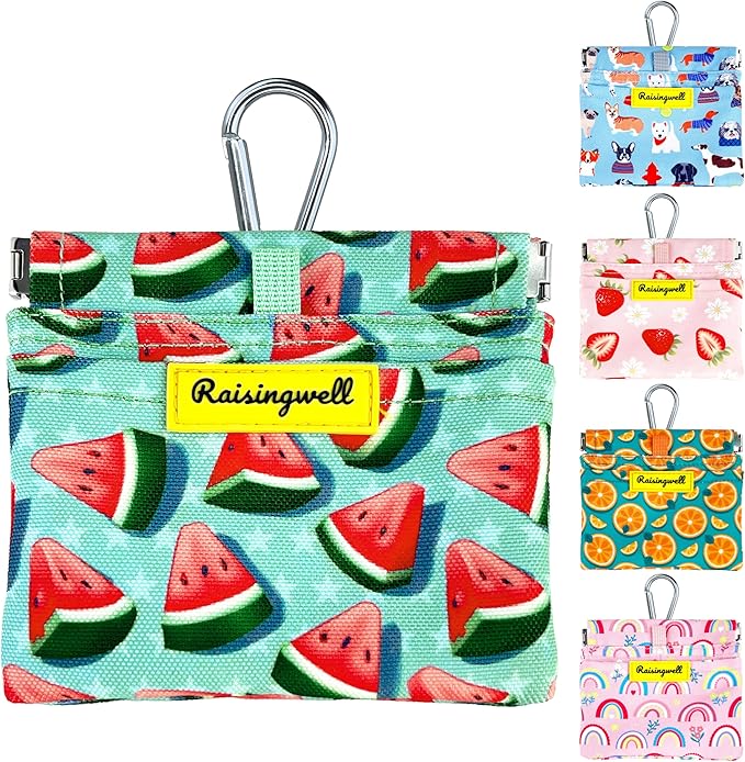 Dog Treat Pouch,Cotton Pocket Sized Training Holder, Hand Free Walking Funny Bag with Carabiner, Self-Closing Pet Feed Snack Reward, Behavior Aids for Puppy Travel or Outdoor Use（Watermelon）