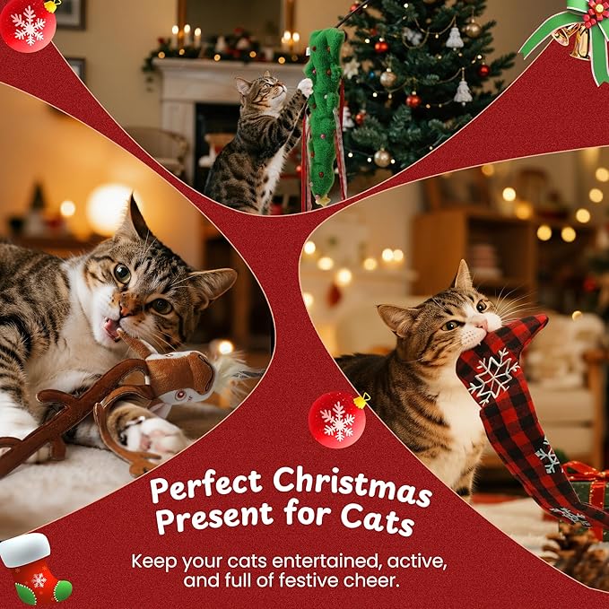 Nocciola 3 PCS Christmas Cat Toys – Natural Catnip and Silvervine Sticks Chew Toys，Cute Reindeer, Tree and Santa Hat Cat Wands，Interactive Teaser Toys for Indoor Cats, Perfect Holiday Present